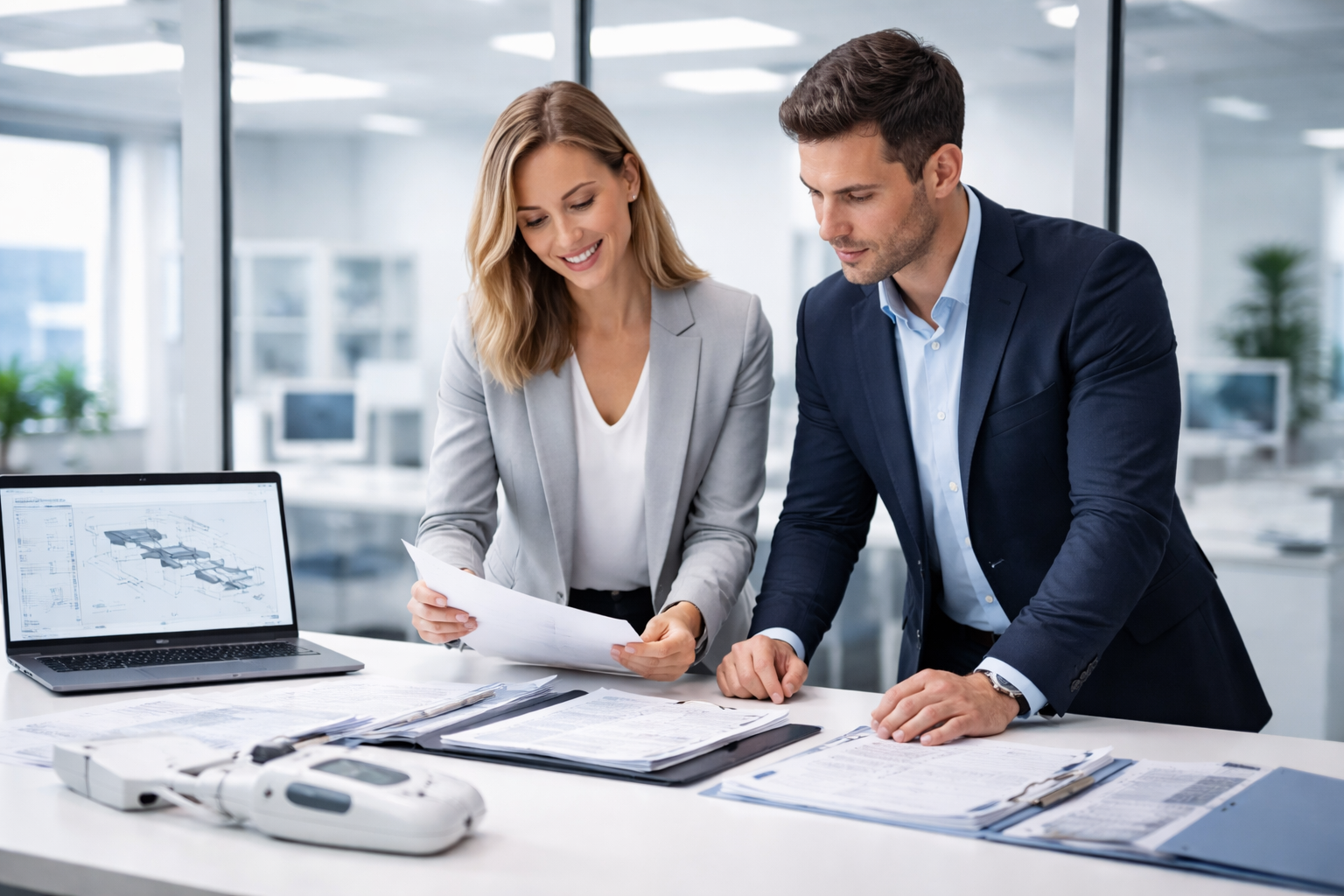 photographic Photorealistic corporate image of two professionals  a woman and a man  in a modern medical device company environment standing at a larg
