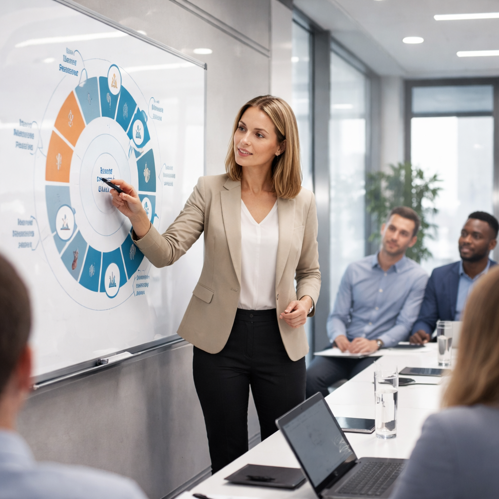 photographic Photorealistic image of a professional woman standing at a glass whiteboard in a sleek office pointing to a visual roadmap or regulatory